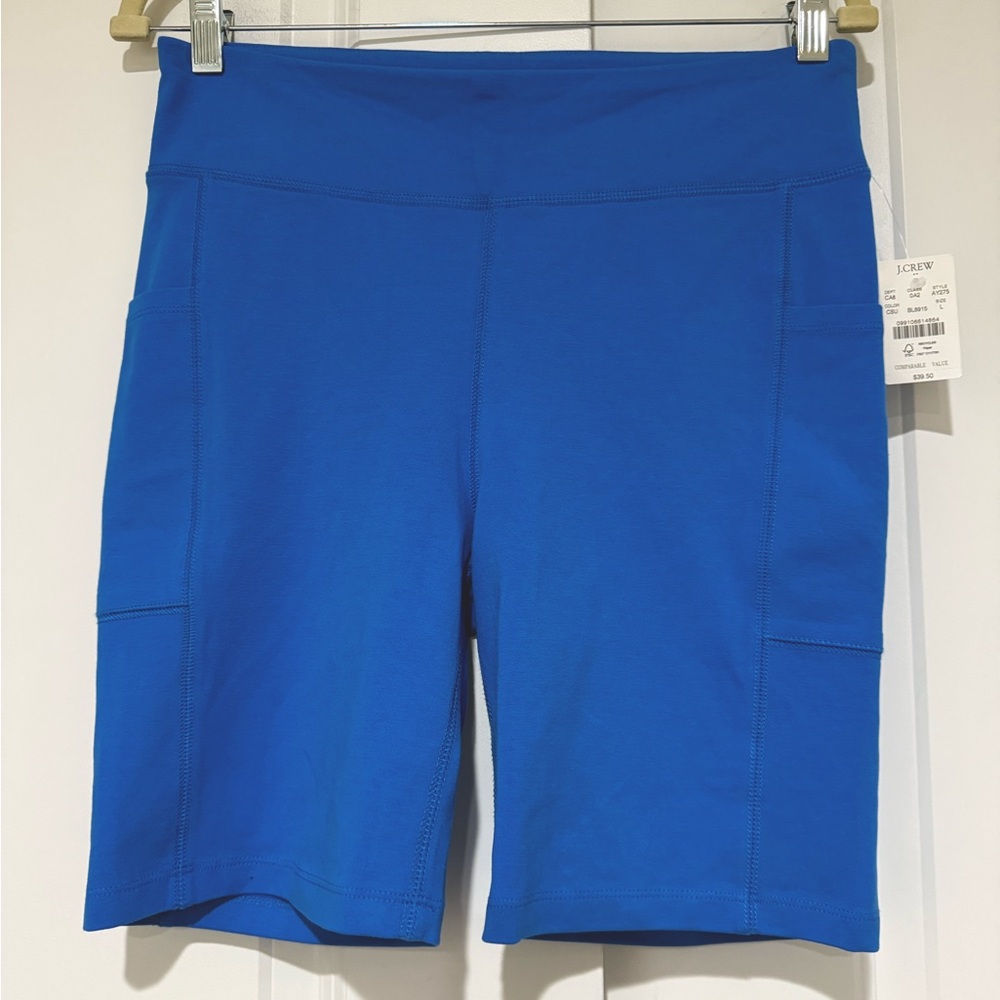 J.Crew Blue Stretch Cotton High-Waisted Pocket Bike Shorts Womens Size L NWT